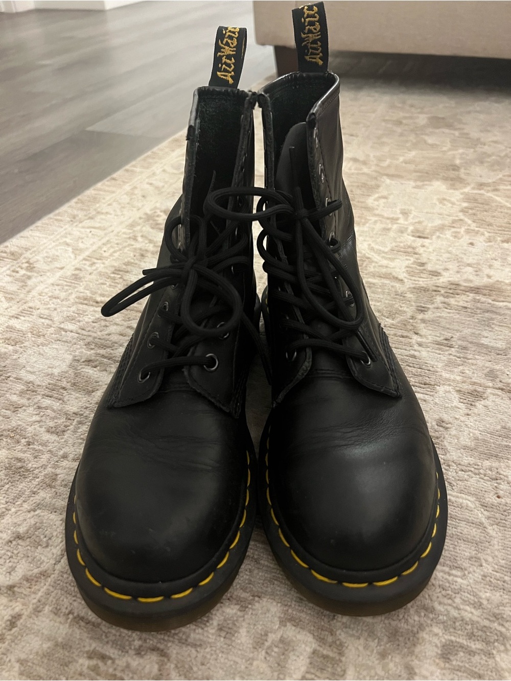 Dr. Martens Black Leather Lace-Up Boots with Yellow Stitching